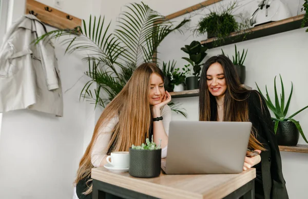 Porträt Zweier Glücklicher Junger Frauen Formeller Kleidung Die Einem Gemütlichen — Stockfoto