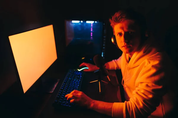 Gamer Playing Online Game on PC in Dark Room Stock Photo - Image of online,  colorful: 213130418