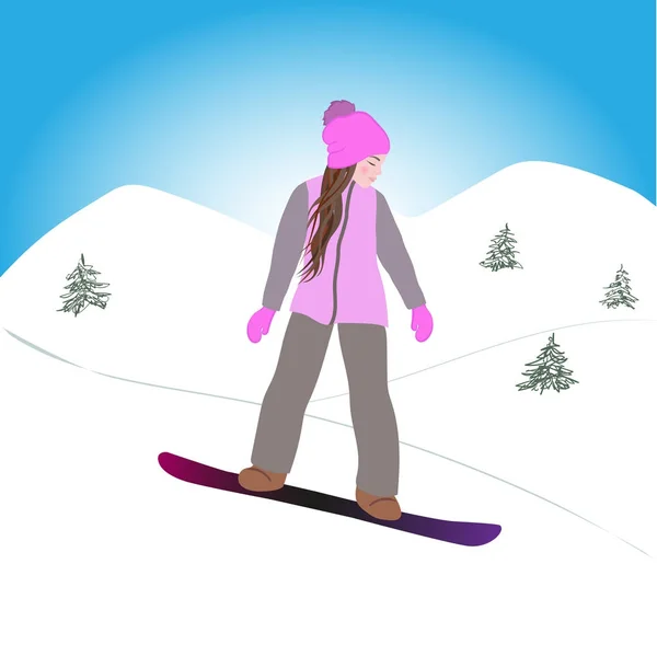 Κορίτσι σε ροζ χρώμα σε ένα snowboard — Διανυσματικό Αρχείο