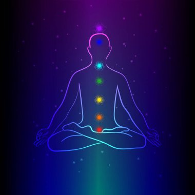 Çakra işaretleriyle insan silueti meditasyonu. Meditasyon pratiği. Yoga nilüfer çiçeği pozu, asana padmasana. Vektör illüstrasyonu.
