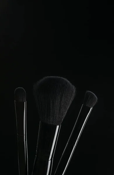 Différents Pinceaux Maquillage Ont Été Photographiés Sur Fond Noir — Photo