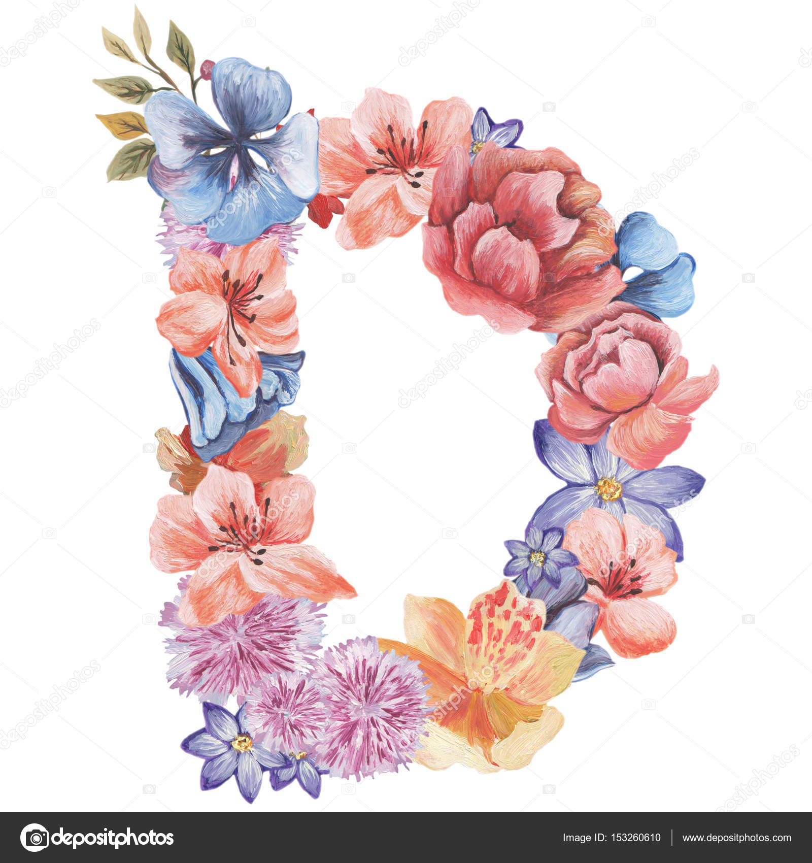 Letter D Of Watercolor Flowers Isolated Hand Drawn On A White