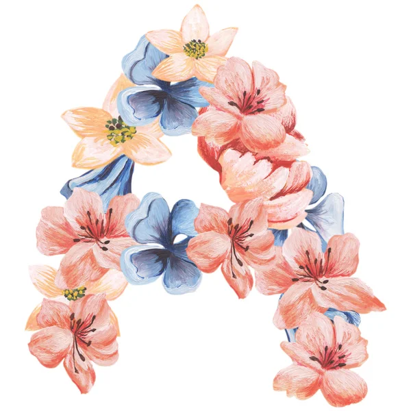 Písmeno A akvarel květin, izolované ručně kreslenou na bílém pozadí, svatební design, anglická abeceda — Stock fotografie