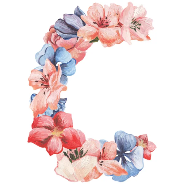 Letra C de flores de acuarela, mano aislada dibujada sobre un fondo blanco, diseño de la boda, alfabeto inglés —  Fotos de Stock