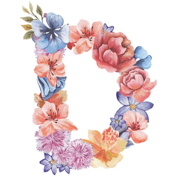 Písmeno D akvarel květin, izolované ručně kreslenou na bílém pozadí, svatební design, anglická abeceda — Stock fotografie
