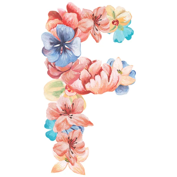Letra F de flores de acuarela, mano aislada dibujada sobre un fondo blanco, diseño de la boda, alfabeto inglés —  Fotos de Stock