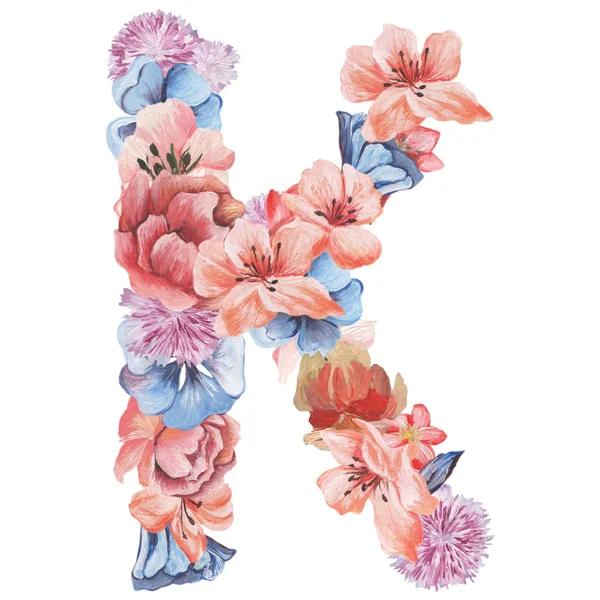 Літера K квітів акварелі, ізольована рука намальована на білому тлі, весільний дизайн, англійський алфавіт — стокове фото