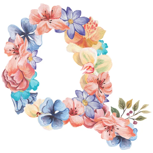 Písmeno Q akvarel květin, izolované ručně kreslenou na bílém pozadí, svatební design, anglická abeceda — Stock fotografie