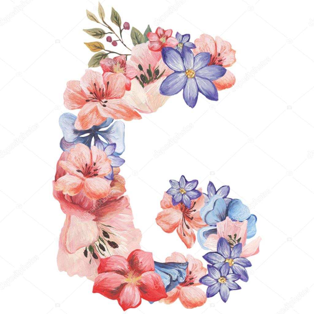 Letter G of watercolor flowers, isolated hand drawn on a white background, wedding design, english alphabet.