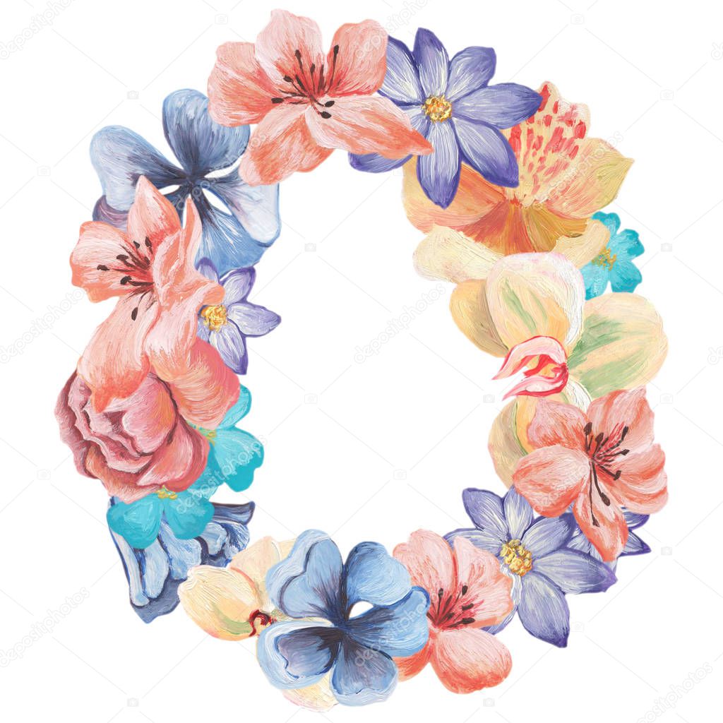 Letter O of watercolor flowers, isolated hand drawn on a white background, wedding design, english alphabet.