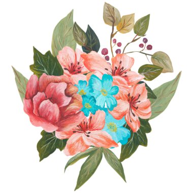 Suluboya çiçek ve yaprak, beyaz arka plan üzerinde izole mükemmel kombinasyonu boyalı