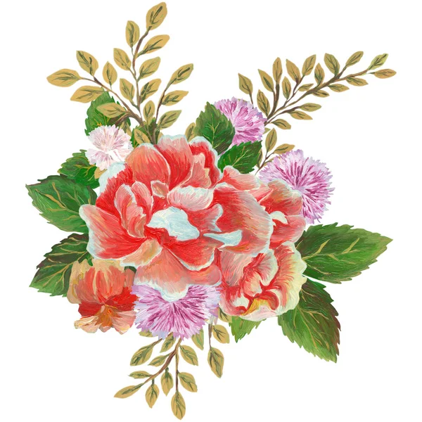 Akvarelem malované vynikající kombinace květin a listů, izolované na bílém pozadí — Stock fotografie