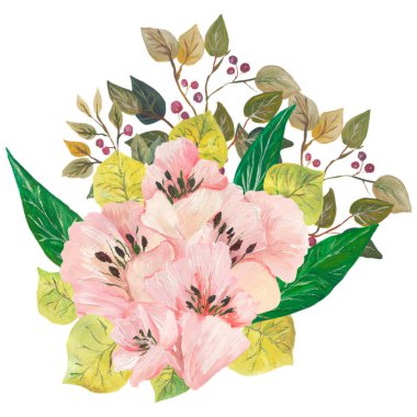 Suluboya çiçek ve yaprak, beyaz arka plan üzerinde izole mükemmel kombinasyonu boyalı