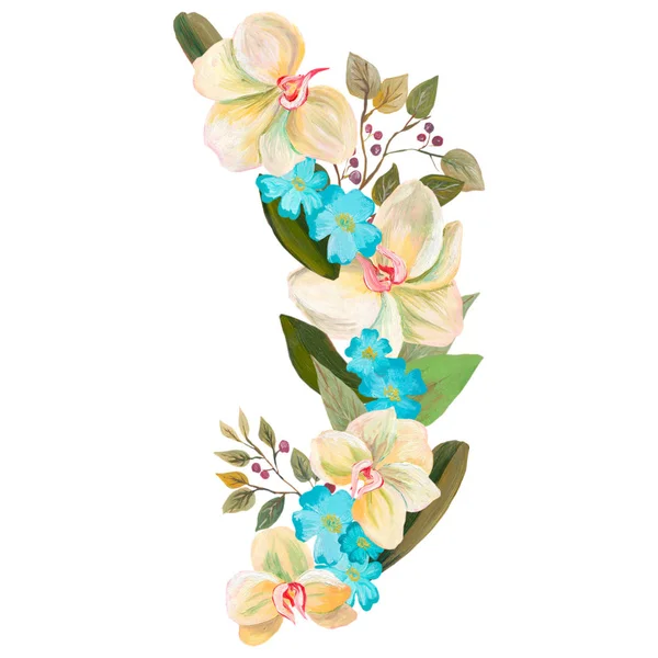 Akvarelem malované vynikající kombinace květin a listů, izolované na bílém pozadí — Stock fotografie