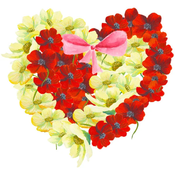 Υδατογραφία ζωγραφισμένη εξαιρετική καρδιά από λουλούδια, απομονώνονται σε λευκό φόντο — Φωτογραφία Αρχείου