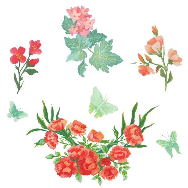 Watercolor painted collection of bouquets and flowers. Hand drawn design elements isolated on white background.