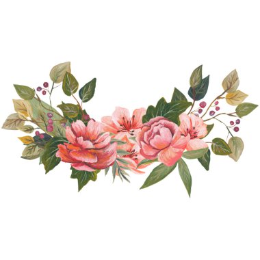 Çiçek ve yaprakları, beyaz arka plan üzerinde izole suluboya kombinasyonu el boyalı