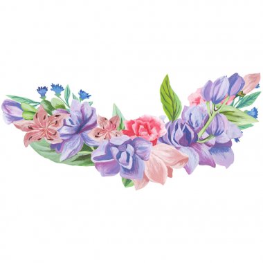 Çiçek ve yaprakları, beyaz arka plan üzerinde izole suluboya kombinasyonu el boyalı