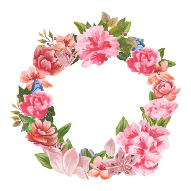 Çiçek ve yaprakları, beyaz arka plan üzerinde izole suluboya kombinasyonu el boyalı