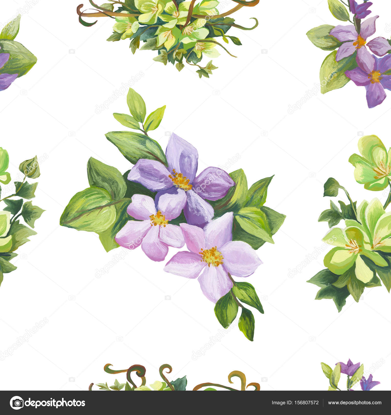 Modello dell acquerello del disegno senza giunte di fiori e foglie su fondo bianco — Foto di slavic speianu gmail