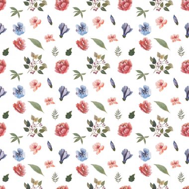 Beyaz arka planda kesintisiz tasarımının çiçek ve yaprak suluboya desen