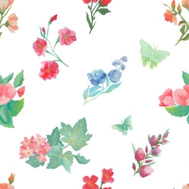 Beyaz arka planda kesintisiz tasarımının çiçek ve yaprak suluboya desen