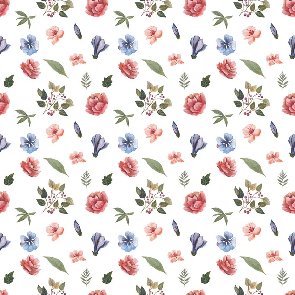 Watercolor pattern of flowers and leaves seamless design on white background — Stock Photo, Image