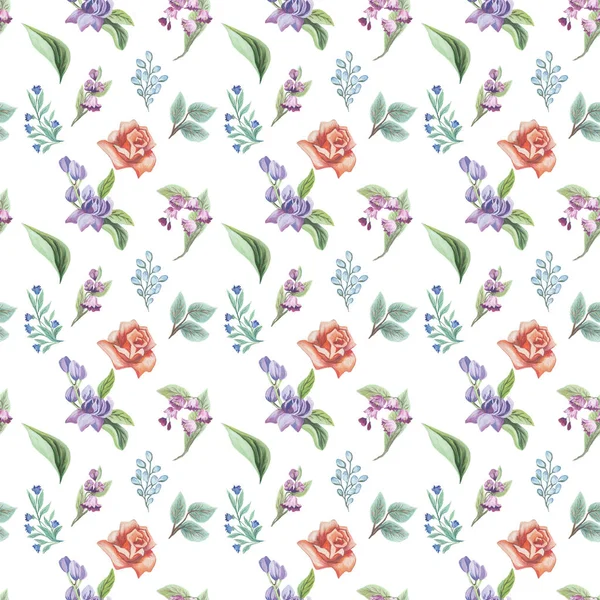 Watercolor pattern of flowers and leaves seamless design on white background — Stock Photo, Image