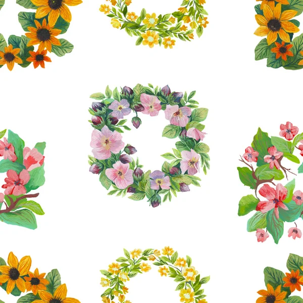 Акварельний візерунок з квітів і листя безшовний дизайн на білому тлі — стокове фото