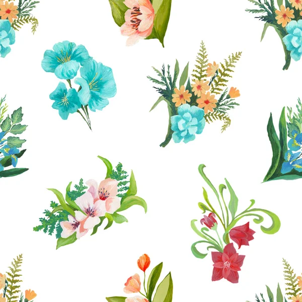 Watercolor pattern of flowers and leaves seamless design on white background — Stock Photo, Image