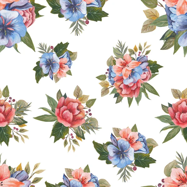 Beyaz arka planda kesintisiz tasarımının çiçek ve yaprak suluboya desen