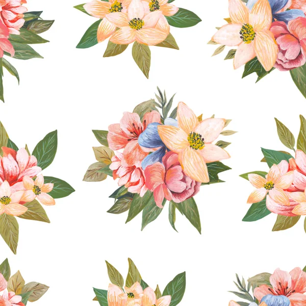 Watercolor pattern of flowers and leaves seamless design on white background — Stock Photo, Image