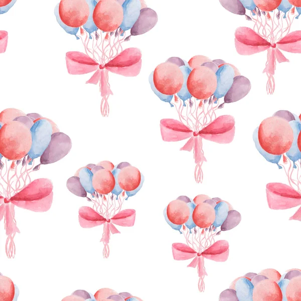 Watercolor pattern of balloons and bows seamless design on white background — Stock Photo, Image