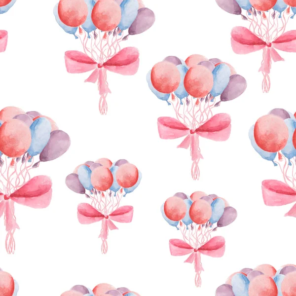Watercolor pattern of balloons and bows seamless design on white background