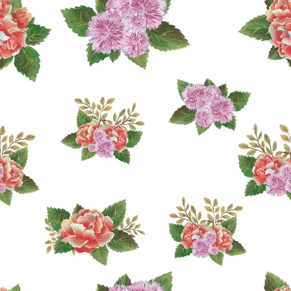 Watercolor pattern of flowers and leaves seamless design on white background — Stock Photo, Image