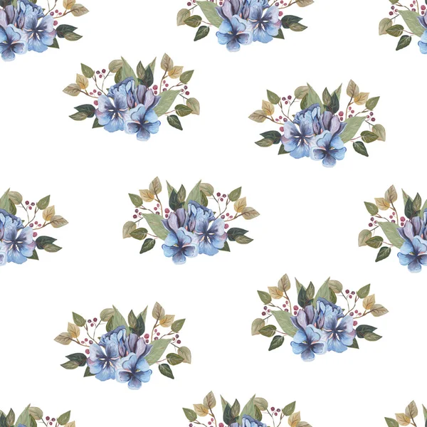 Watercolor pattern of flowers and leaves seamless design on white background — Stock Photo, Image