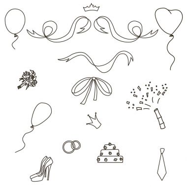 Düğün Icon set. Elle çizilmiş düğün öğeleri hisse senedi illüstrasyon vektör.