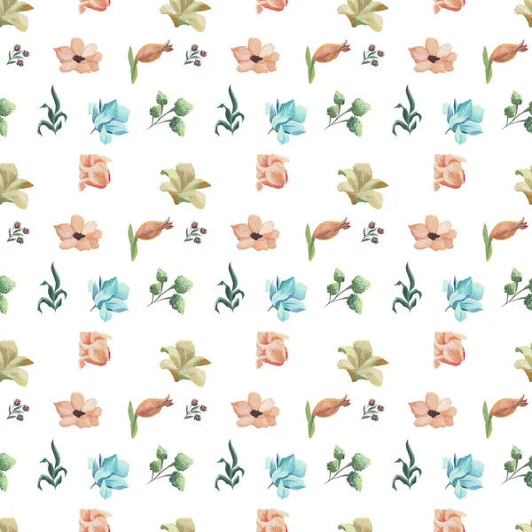 흰색 바탕에 꽃과 잎 원활한 디자인의 수채화 패턴 — 스톡 사진