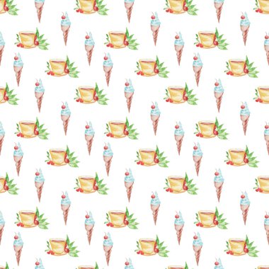 Sulu Boya desen dondurma ve beyaz arka plan üzerinde kahve sorunsuz tasarım