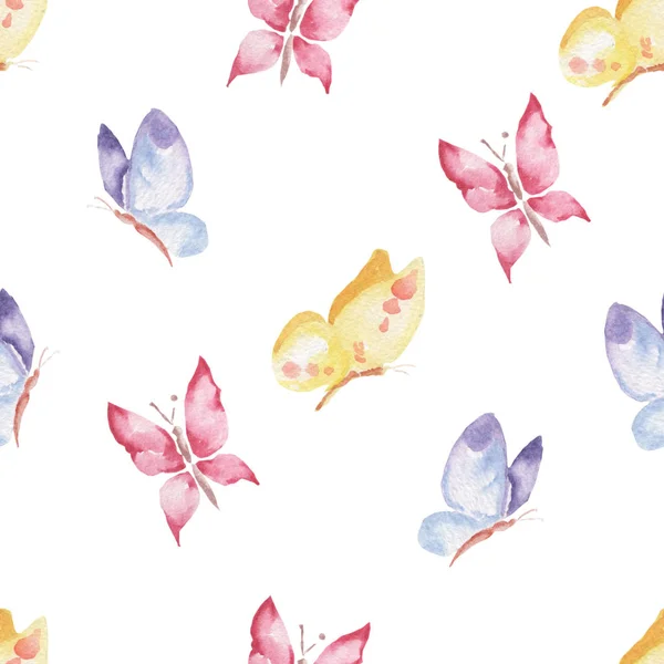 Akvarell mönster fjärilar sömlös design på vit bakgrund. — Stockfoto