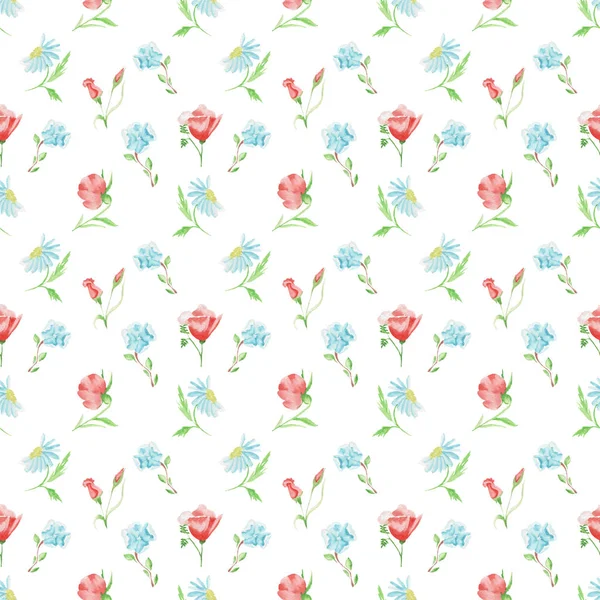 Watercolor pattern of flowers and leaves seamless design on white background — Stock Photo, Image