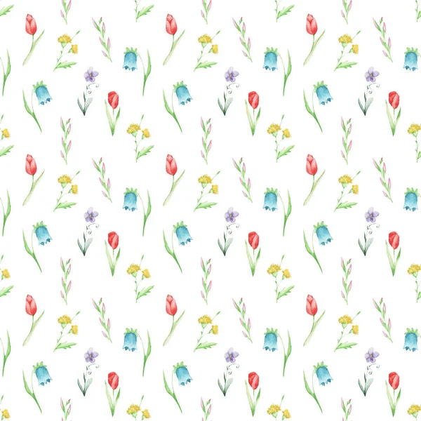 Watercolor pattern of flowers and leaves seamless design on white background — Stock Photo, Image