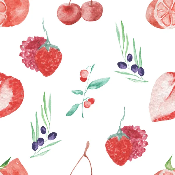 Акварель картины фрукты и ягоды бесшовный дизайн на белом фоне — стоковое фото