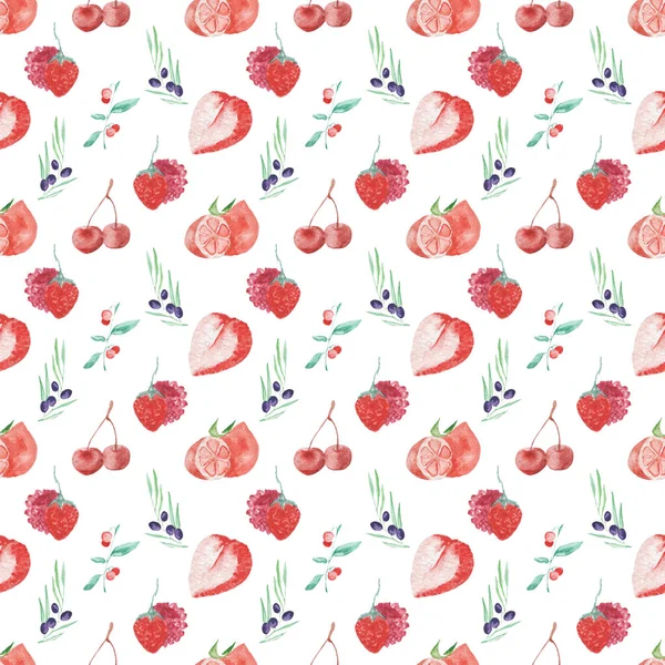 Акварель картины фрукты и ягоды бесшовный дизайн на белом фоне — стоковое фото