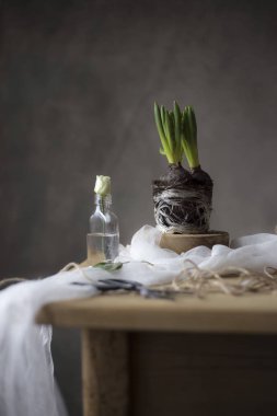 Bez, vazo ve ip ile masaya taze çiçek closeup