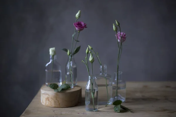 Розовые Розы Стеклянных Бутылках Столе Серый Фон Стены — стоковое фото