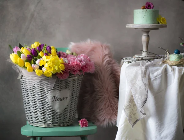 Basket Colorful Spring Flowers Placed Chair Close Decorated Holiday Table — Stock Photo, Image