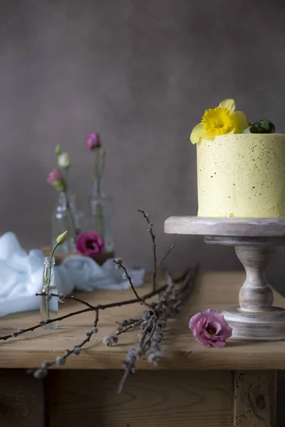Ostertischdekoration Leckerer Hausgemachter Kuchen Mit Frühlingsblumen Und Zweigen Auf Dem — Stockfoto