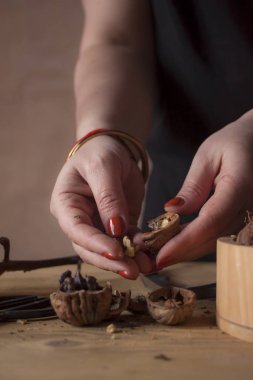 Şube ile ahşap masa üzerinde fındık soyma eller closeup