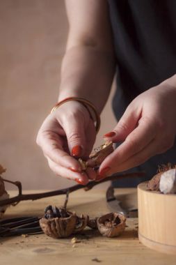 Şube ile ahşap masa üzerinde fındık soyma eller closeup